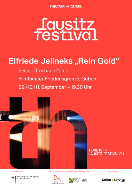 Flyer des Lausitz Festivals für Elfriede Jelinkes "Rein Gold" in der Friedensgrenze am 9. - 11. September 2021