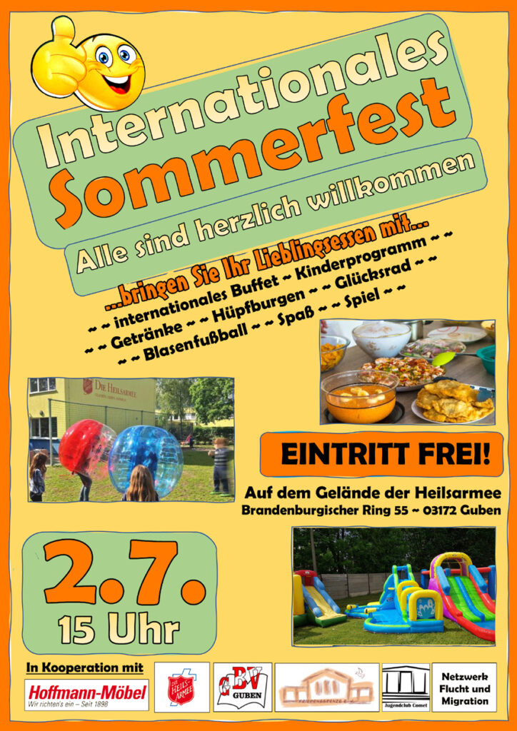 Der Flyer für das internationale Sommerfest 2022. Zu sehen sind Bilder von Aktivitäten wie einer Wasserrutsche, das Datum sowie die Logos der beteiligten Vereine.