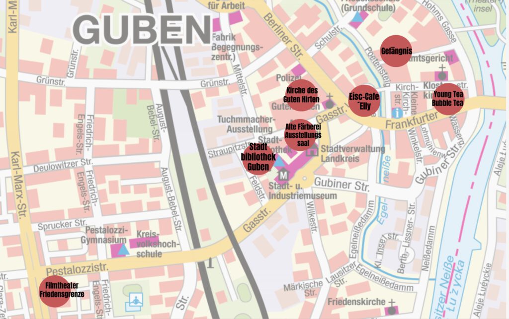 Stadtplan von Guben mit den Veranstaltungsorten des KulturLeseFestes 2024