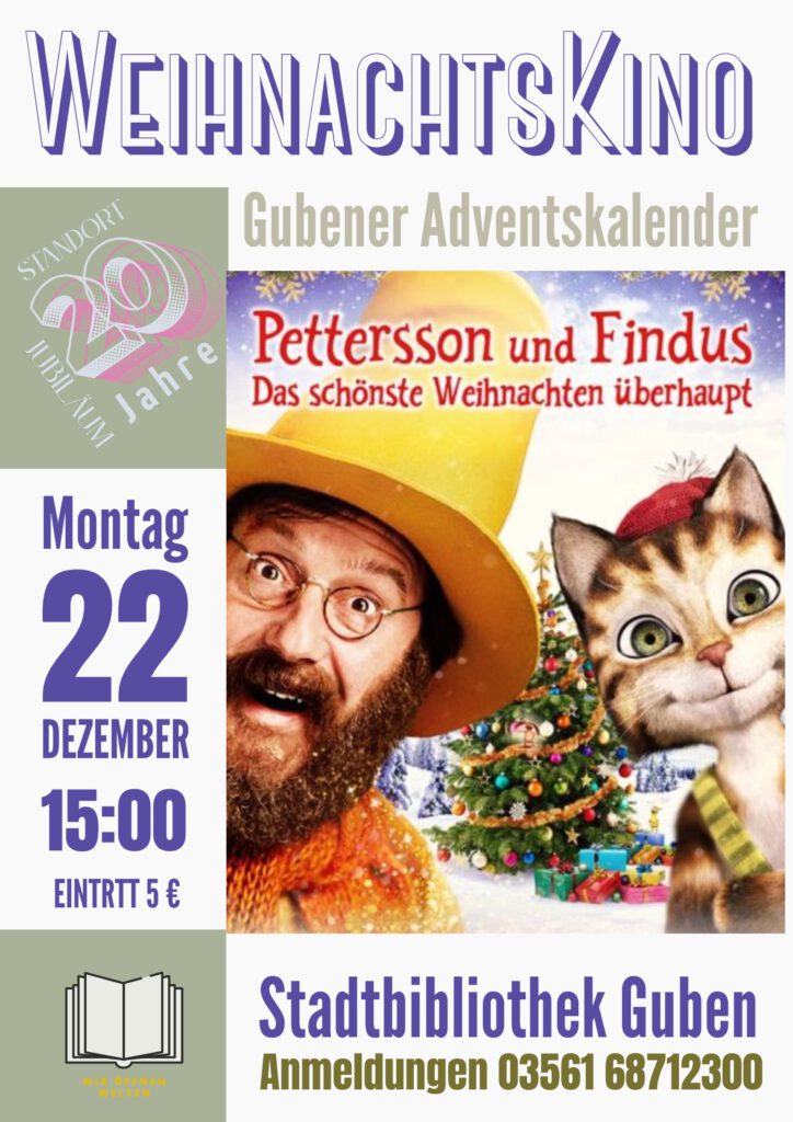 Poster zum Weihnachtskino am 22.12.2025 in der Stadtbibliothek Guben - Petterson und Findus